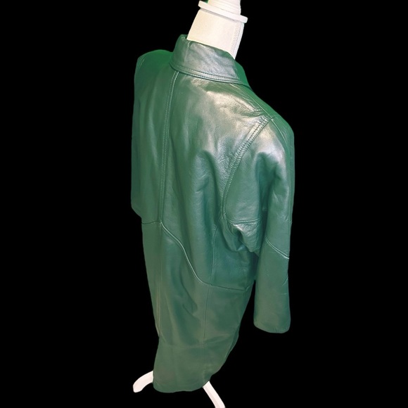 Synergy Vintage Y2K Forest Green 100% Leather Longline Button Front Coat Size L - Picture 10 of 16